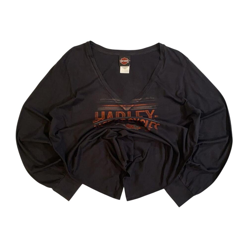 Harley Davidson Women's Filigree Logo Long Sleeve V Neck T Shirt Black 2XL